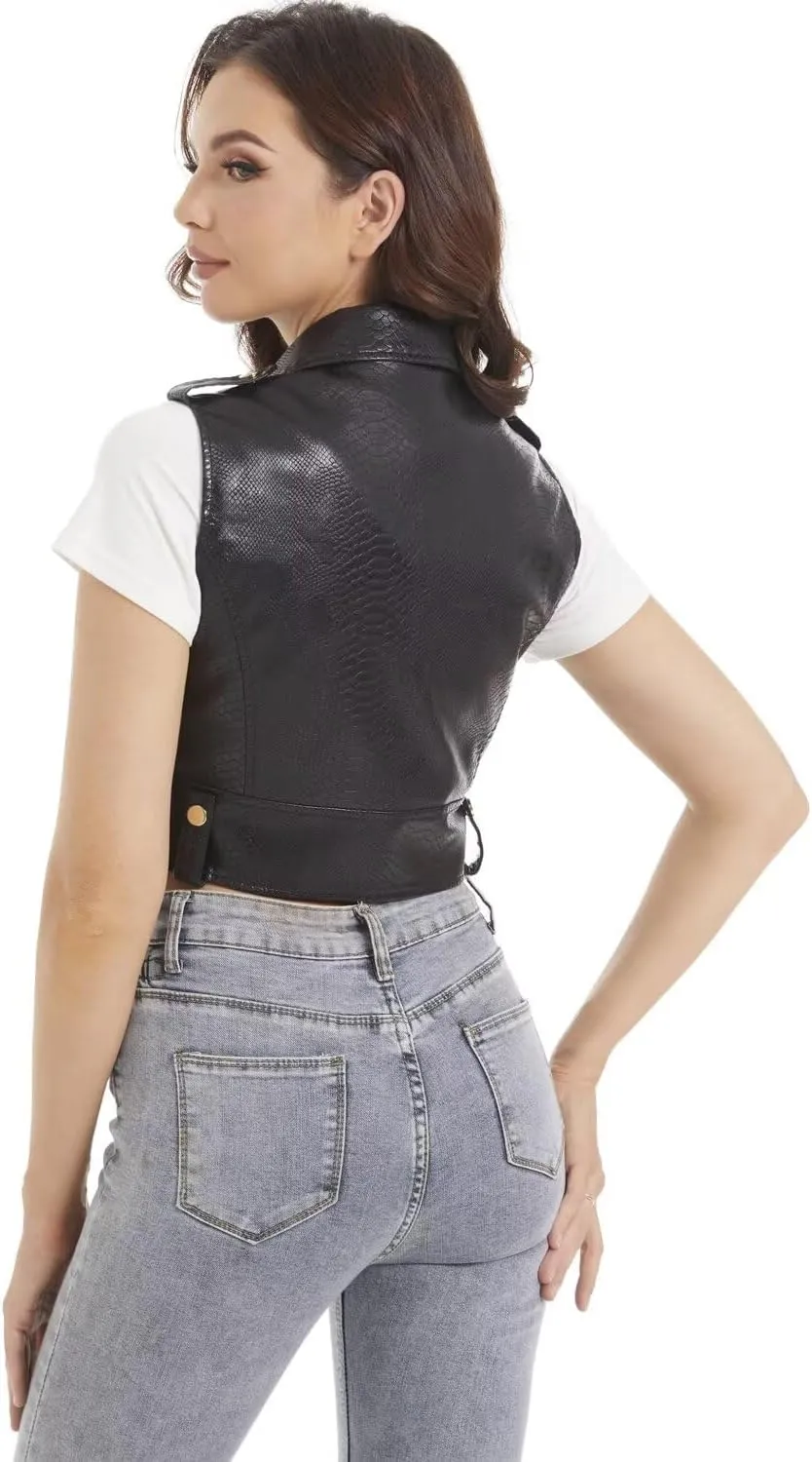 Faux Leather Vest For Women Zipper Cropped Sleeveless Biker Moto Slim PU Motorcycle Waistcoat