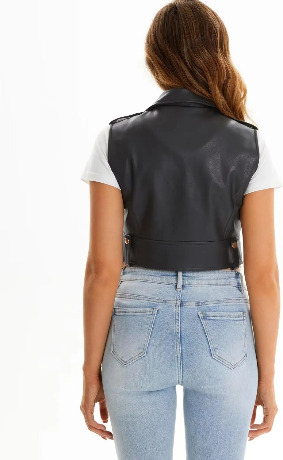 Faux Leather Vest For Women Zipper Cropped Sleeveless Biker Moto Slim PU Motorcycle Waistcoat