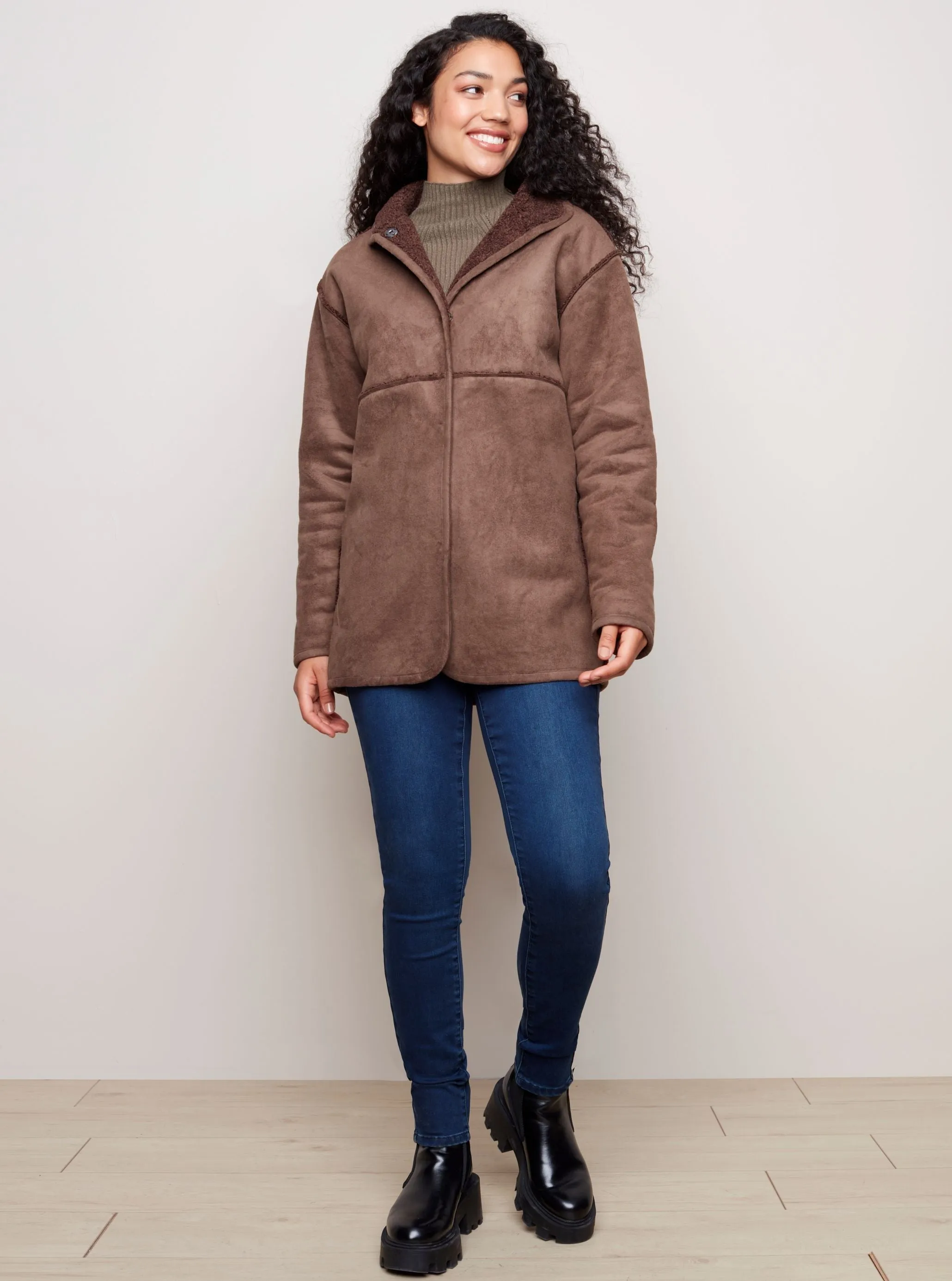 Faux Suede Sherpa Reversible Jacket [Coffee-C6229]