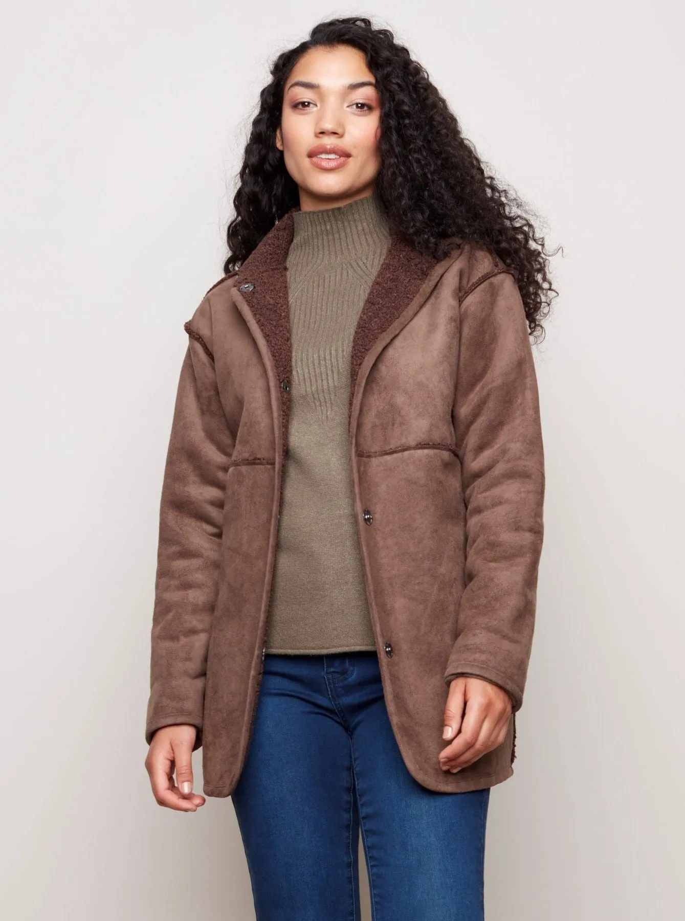 Faux Suede Sherpa Reversible Jacket [Coffee-C6229]