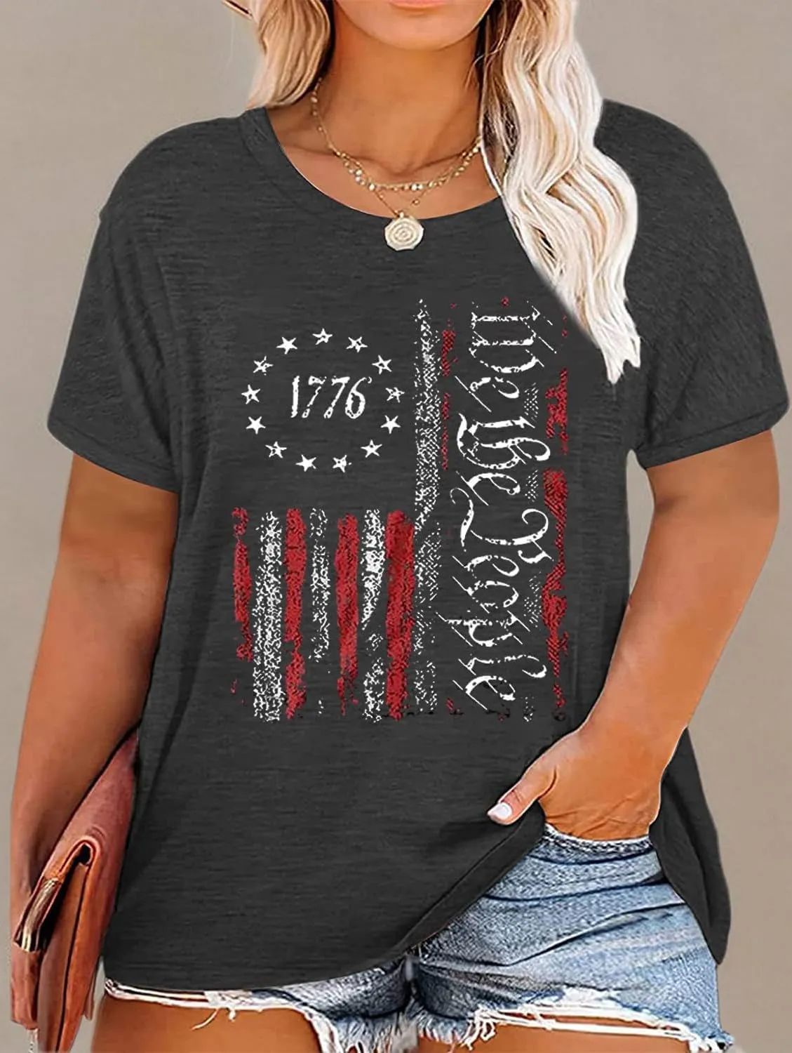 FCHICH Plus Size We The People 1776 Tshirt Women American Flag Graphic Patriotic Tees Casual Short Sleeve 4th of July Shirt