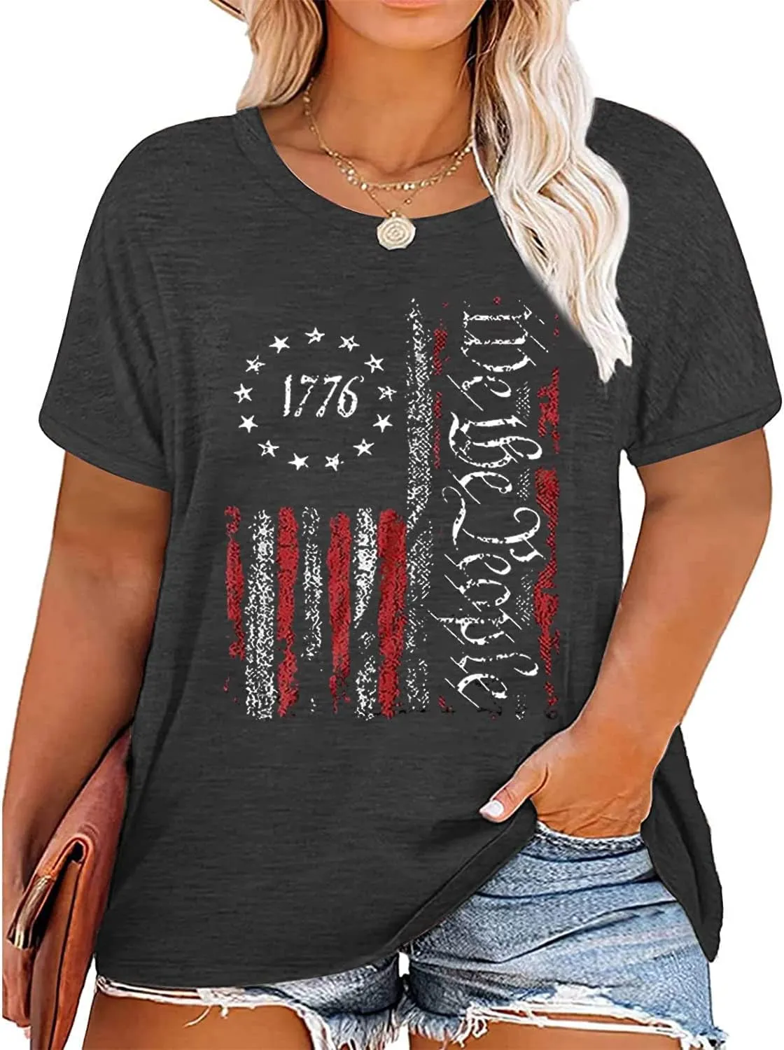 FCHICH Plus Size We The People 1776 Tshirt Women American Flag Graphic Patriotic Tees Casual Short Sleeve 4th of July Shirt