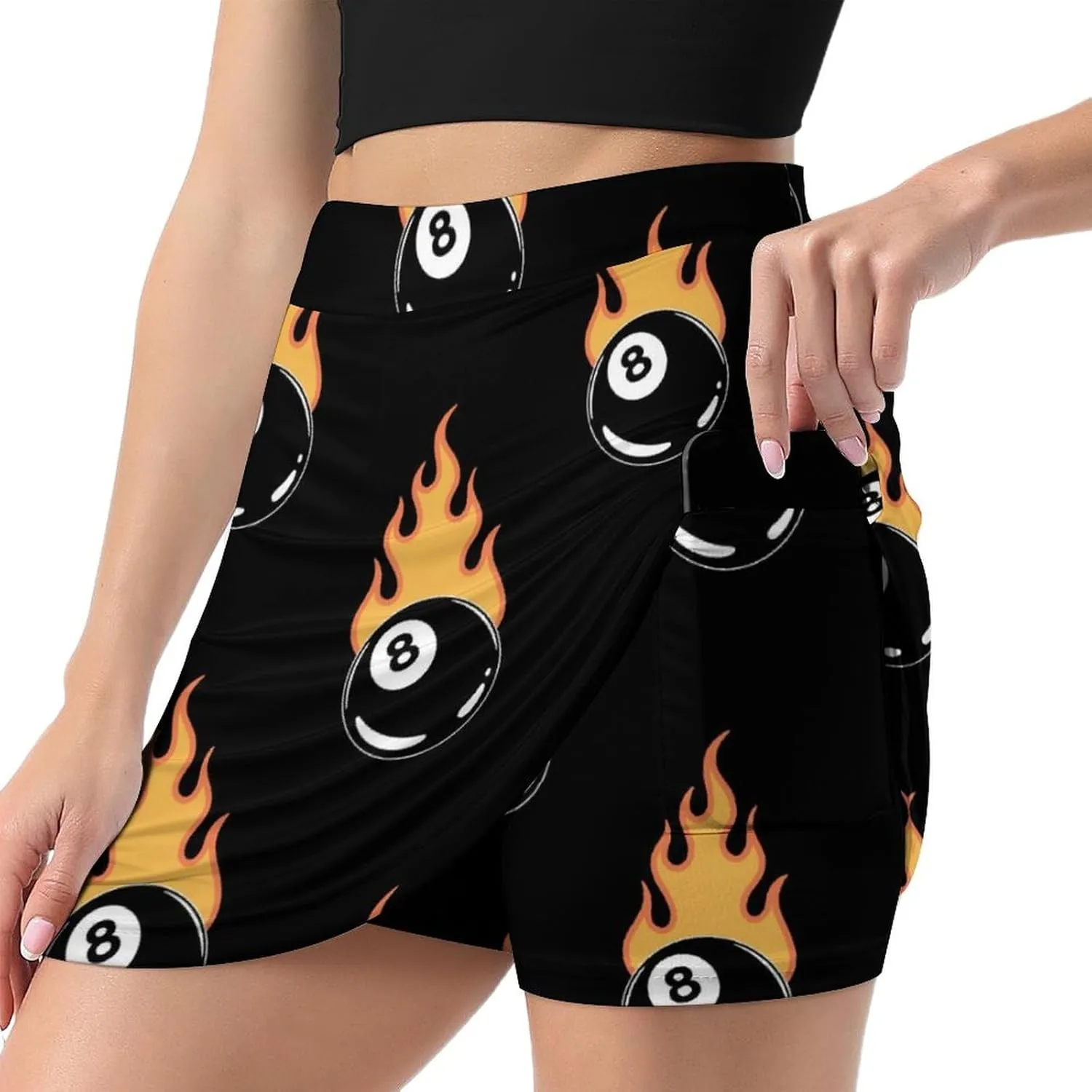 Flaming Billiard 8 Ball Women's Mini Tennis Skirt with Shorts Underneath Athletic Workout Cute Skorts