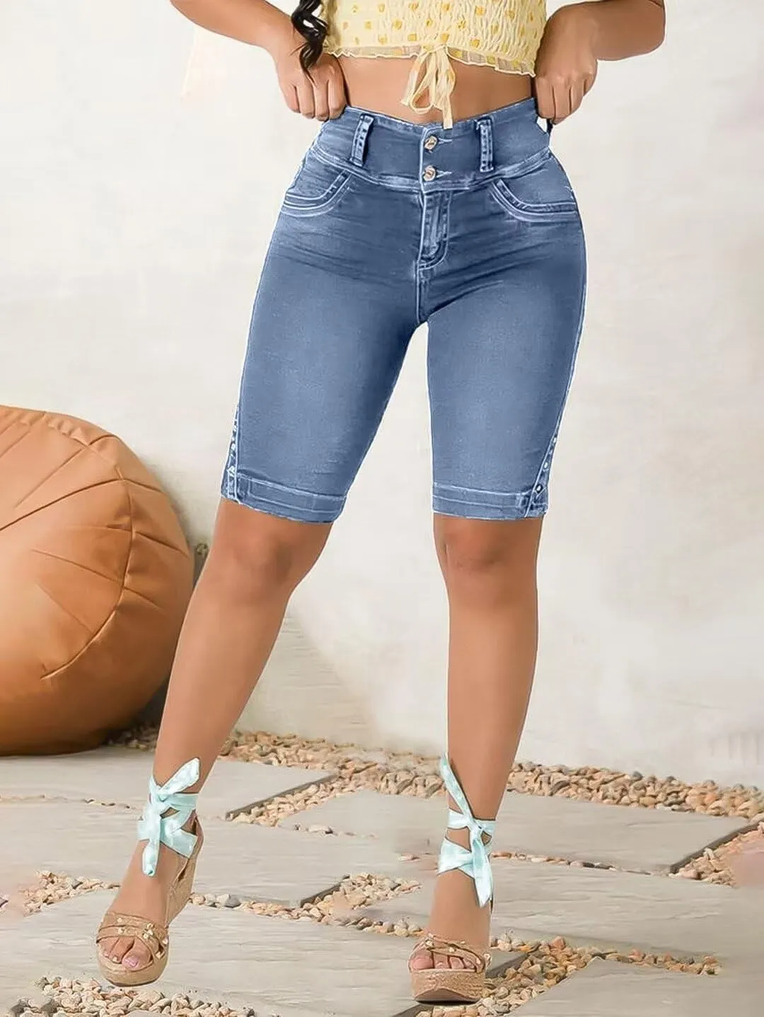 Flamingals Jean Shorts for Women - High Waist Bermuda Denim Shorts With Tummy Control