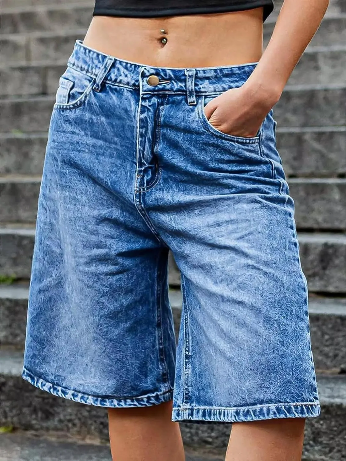 Flamingals Women's Bermuda Jean Shorts Mid Rise Wide Leg Summer Trendy Denim Shorts