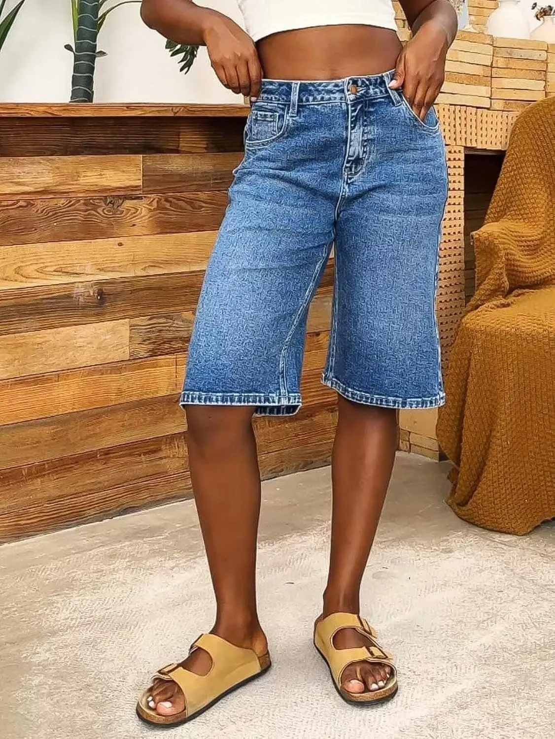 Flamingals Women's Bermuda Jean Shorts Mid Rise Wide Leg Summer Trendy Denim Shorts