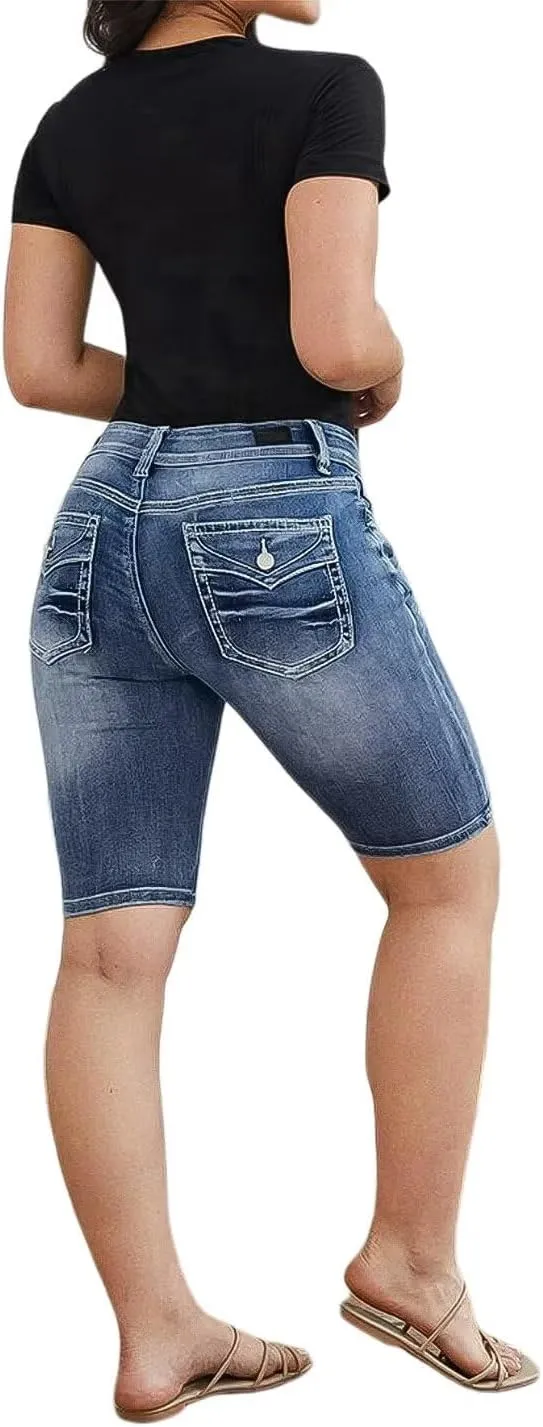 Flamingals Women's Button Fly Ripped Denim Shorts Without Belt Mid Waist Casual Shorts