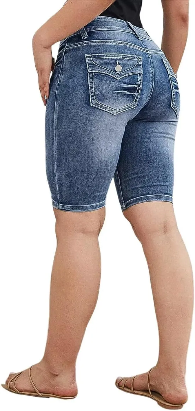 Flamingals Women's Button Fly Ripped Denim Shorts Without Belt Mid Waist Casual Shorts