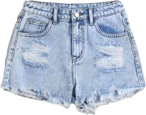 Floerns Girls Ripped Raw Trim Shorts High Waist Straight Leg Denim Shorts