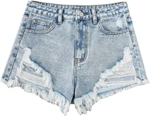 Floerns Girls Ripped Raw Trim Shorts High Waist Straight Leg Denim Shorts