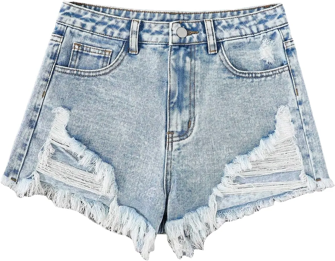 Floerns Girls Ripped Raw Trim Shorts High Waist Straight Leg Denim Shorts
