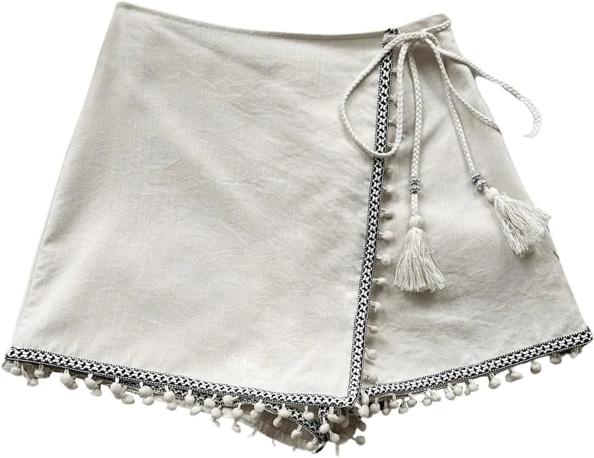 Floerns Women's Asymmetrical Hem Wrap Skirt Shorts Drawstring Side Tassel Binding Skort Shorts