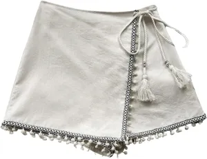 Floerns Women's Asymmetrical Hem Wrap Skirt Shorts Drawstring Side Tassel Binding Skort Shorts