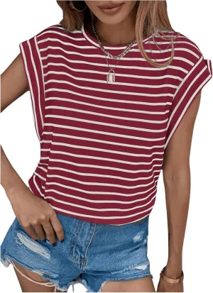 Floerns Women's Casual Stripe Print Cap Sleeve T Shirts Round Neck Tee