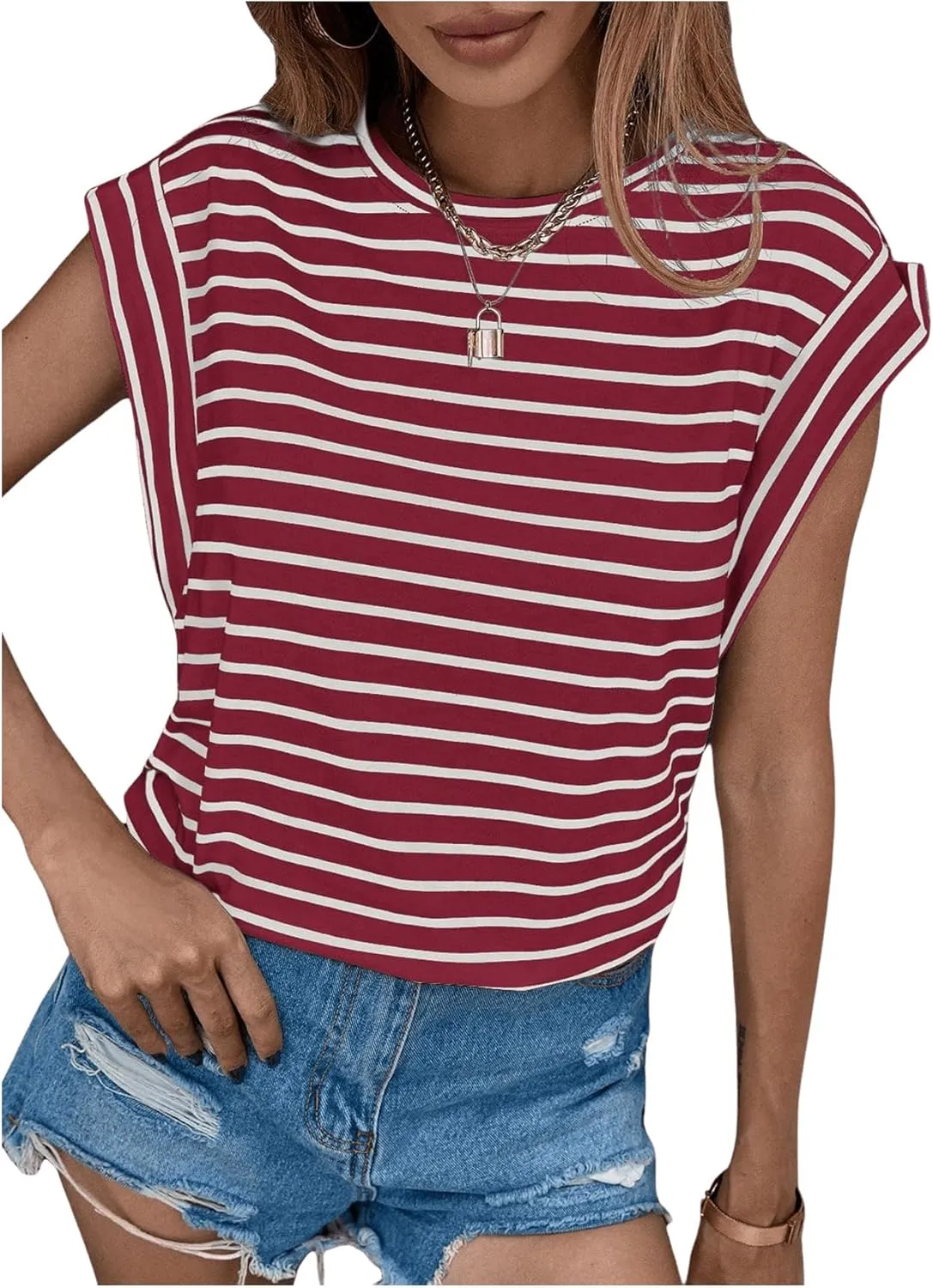 Floerns Women's Casual Stripe Print Cap Sleeve T Shirts Round Neck Tee