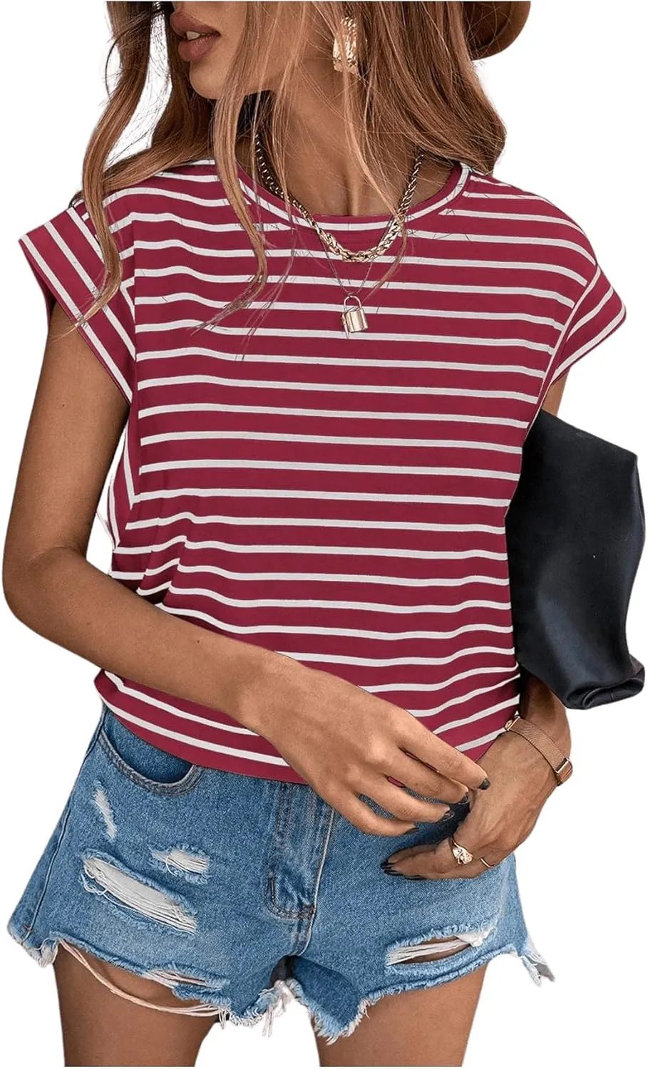 Floerns Women's Casual Stripe Print Cap Sleeve T Shirts Round Neck Tee