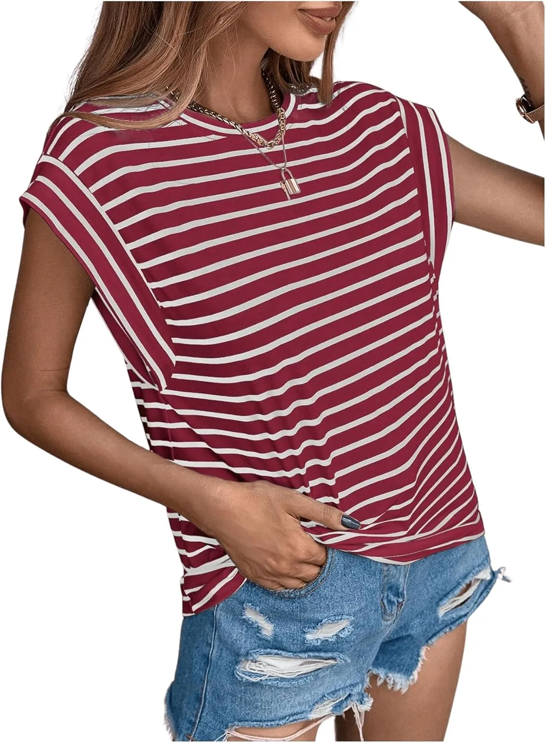 Floerns Women's Casual Stripe Print Cap Sleeve T Shirts Round Neck Tee