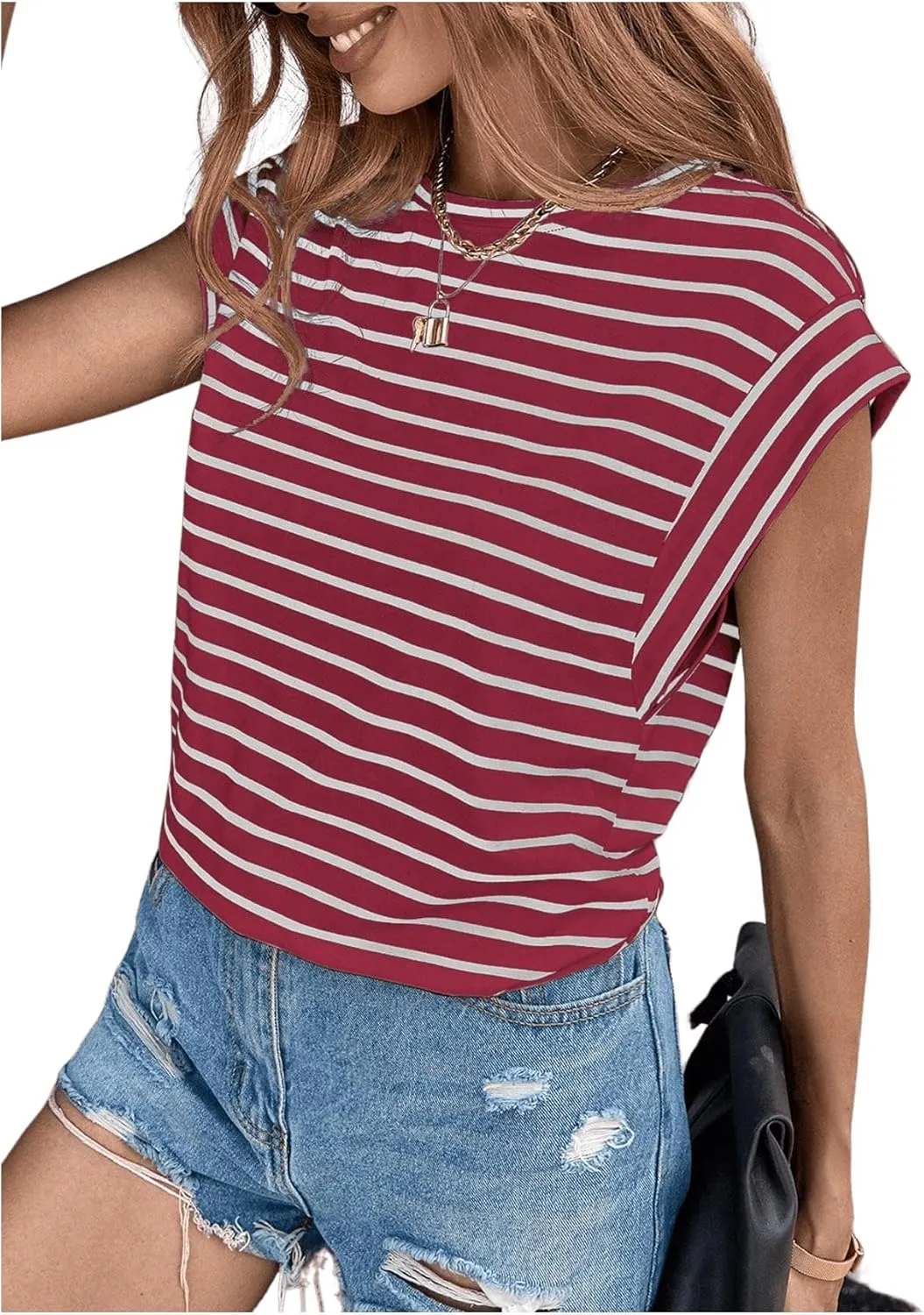 Floerns Women's Casual Stripe Print Cap Sleeve T Shirts Round Neck Tee