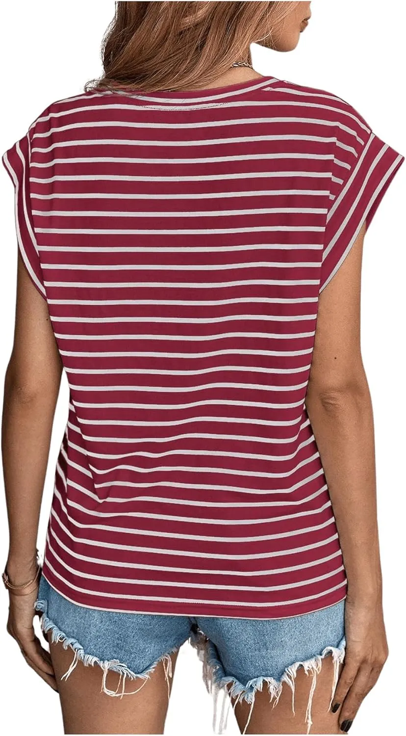 Floerns Women's Casual Stripe Print Cap Sleeve T Shirts Round Neck Tee