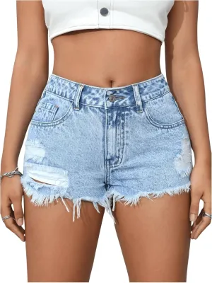 Floerns Women's Distressed Ripped Denim Shorts Frayed Hem Straight Leg Jean Shorts