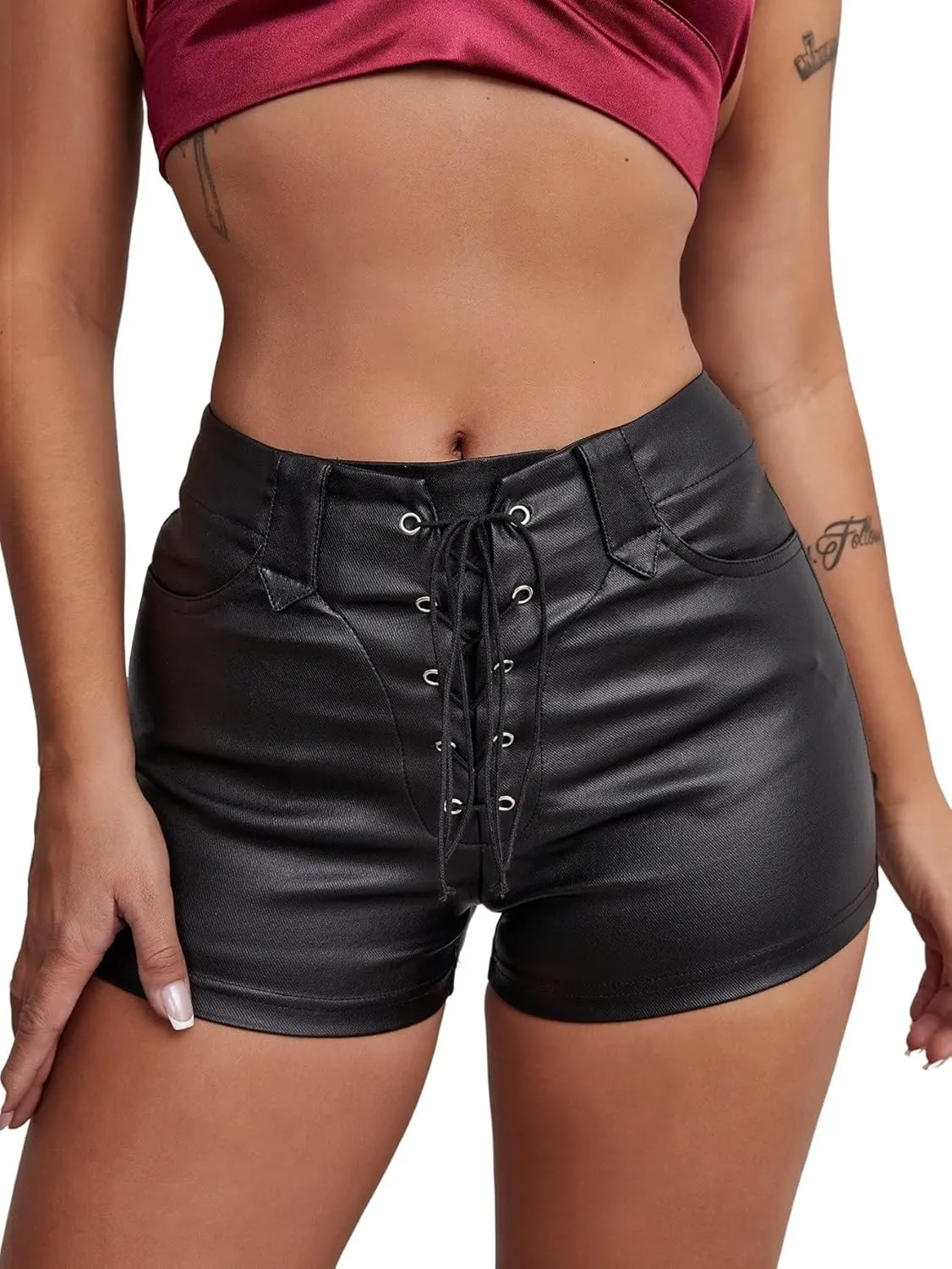 Floerns Women's Sexy High Waisted Faux Leather Shorts Drawstring Lace Up Festival Rave Shorts
