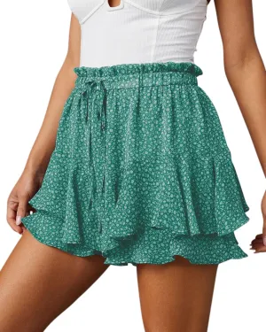 Flowy Shorts for Women Casual Boho Floral Skorts Ruffle Mini Skirts Running Tennis Butterfly Shorts Chiffon Shorts- Floral Green XXL
