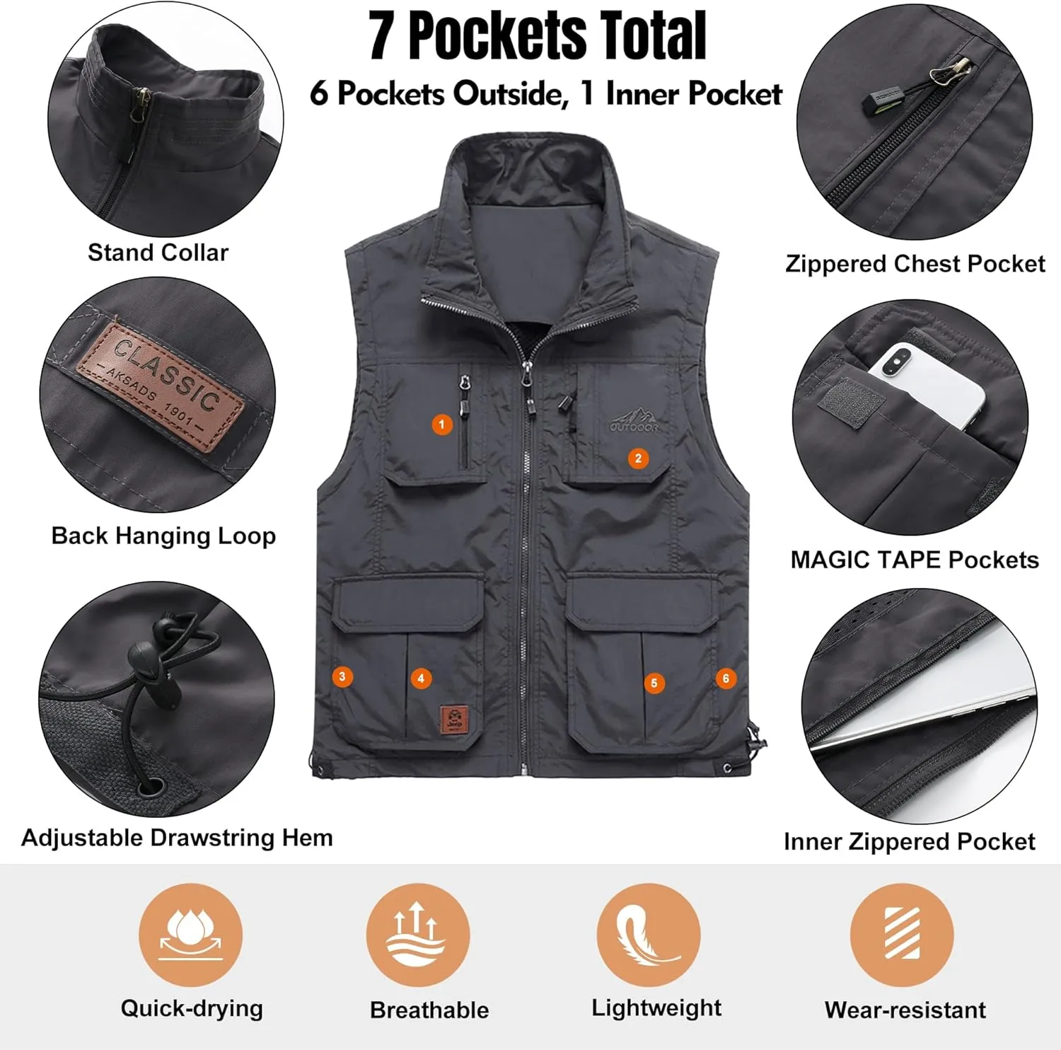 Flygo Men's Lightweight Outdoor Travel Work Fishing Vest with Multi-Pockets