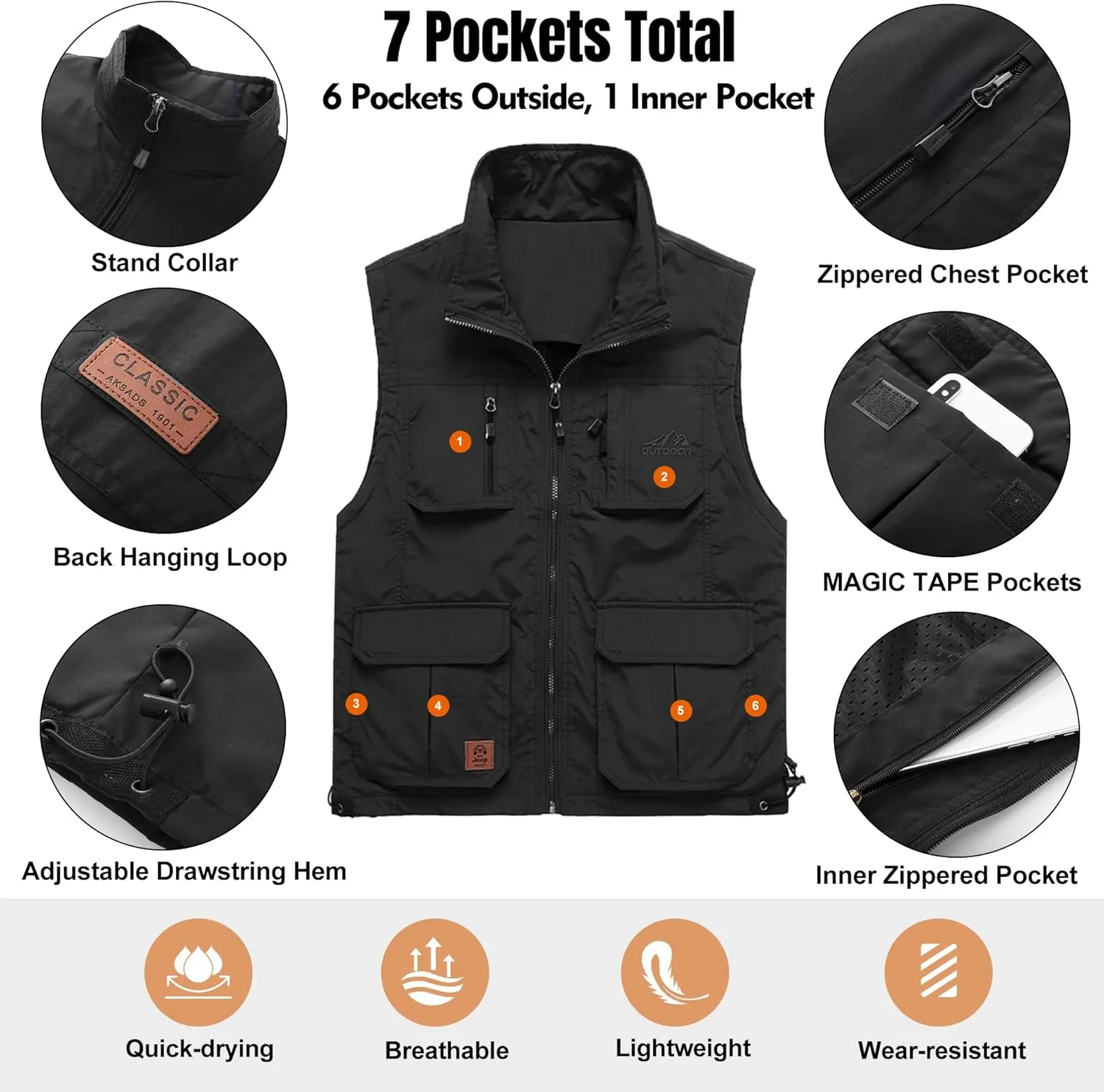 Flygo Men's Lightweight Outdoor Travel Work Fishing Vest with Multi-Pockets