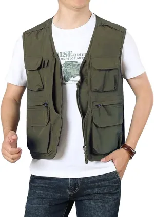 Flygo Men's Utility Cargo Vest Outdoor Fishing Safari Travel Work Photo Vest with Pockets
