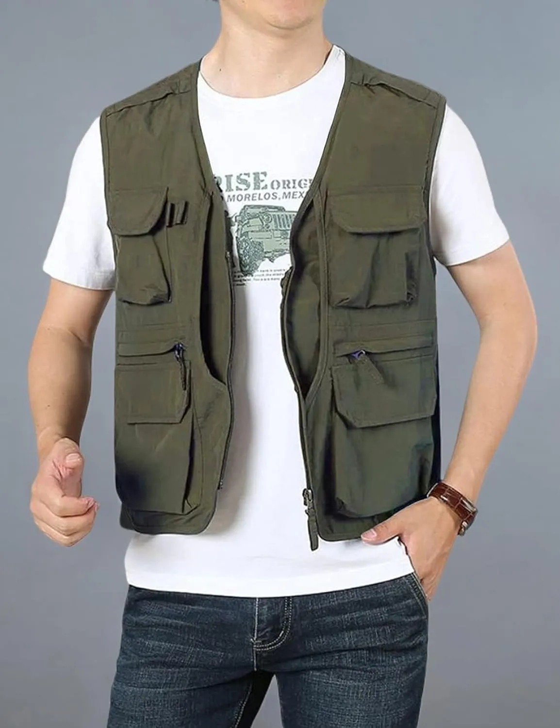 Flygo Men's Utility Cargo Vest Outdoor Fishing Safari Travel Work Photo Vest with Pockets