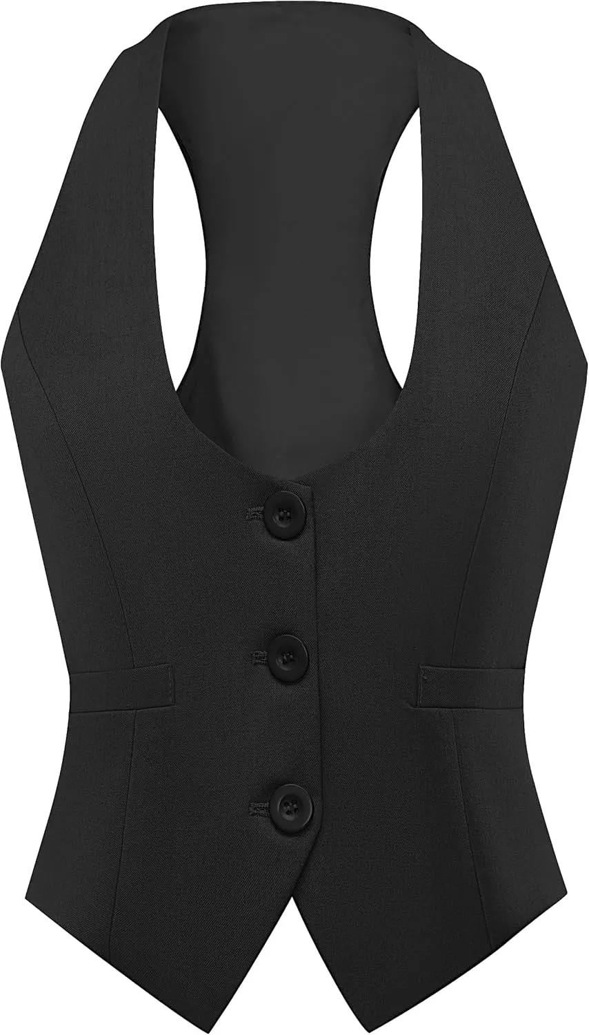 Foucome Vest for Women Dressy Casual Suit Vests Versatile Steampunk Racerback Waistcoat Vest Tops, Black, S
