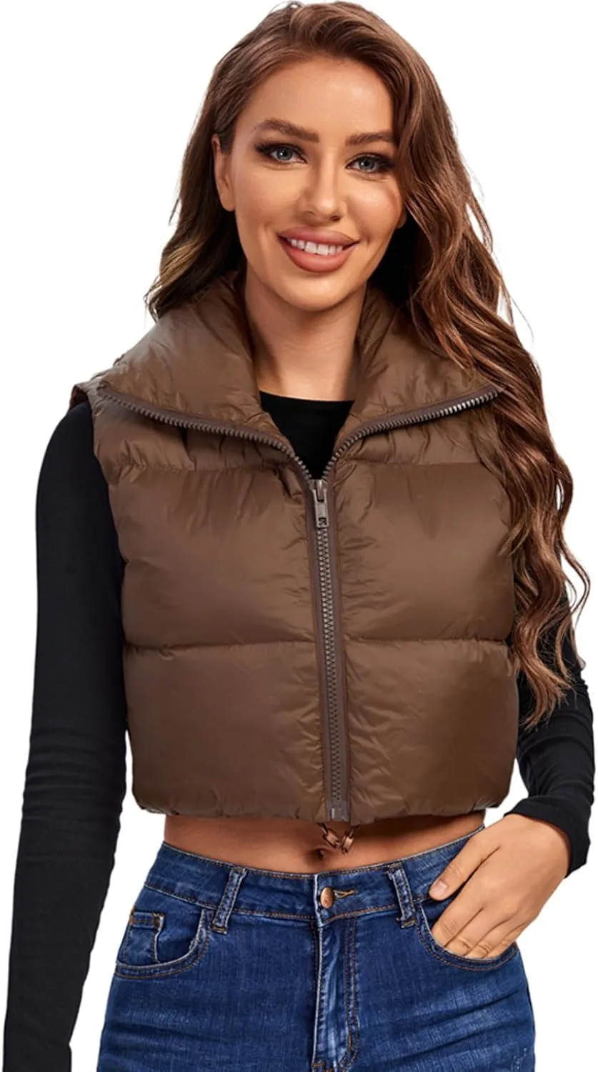 Fuinloth Women's Padded Vest, High Stand Collar Lightweight Zip Crop Puffer Gilet