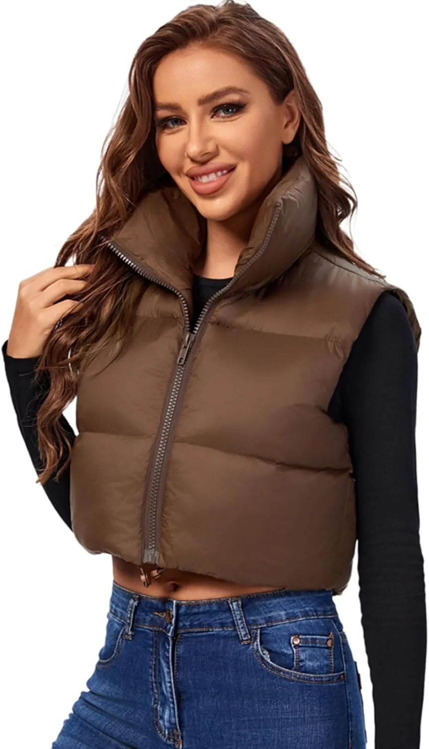 Fuinloth Women's Padded Vest, High Stand Collar Lightweight Zip Crop Puffer Gilet