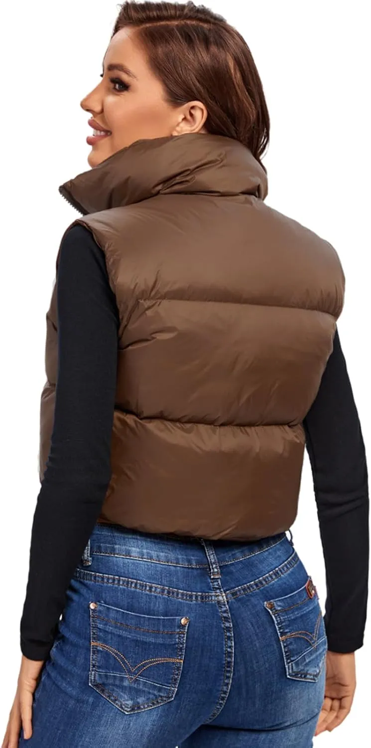 Fuinloth Women's Padded Vest, High Stand Collar Lightweight Zip Crop Puffer Gilet