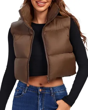 Fuinloth Women's Padded Vest, High Stand Collar Lightweight Zip Crop Puffer Gilet