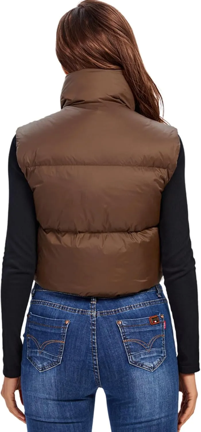 Fuinloth Women's Padded Vest, High Stand Collar Lightweight Zip Crop Puffer Gilet