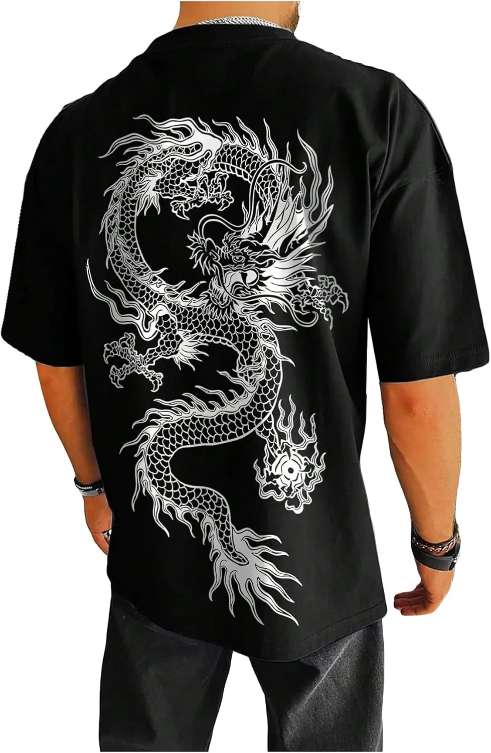 GORGLITTER Men's Dragon Graphic T Shirt Oversized Short Sleeve Crewneck Y2K Tee