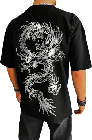 GORGLITTER Men's Dragon Graphic T Shirt Oversized Short Sleeve Crewneck Y2K Tee