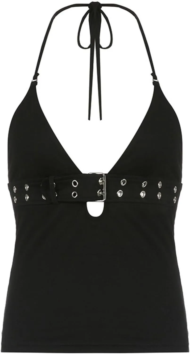 Goth Top Women Sexy V Neck Halter Punk Rock Clothes Grunge Open Back Sleeveless Vest Tank Top Party Club Outfit