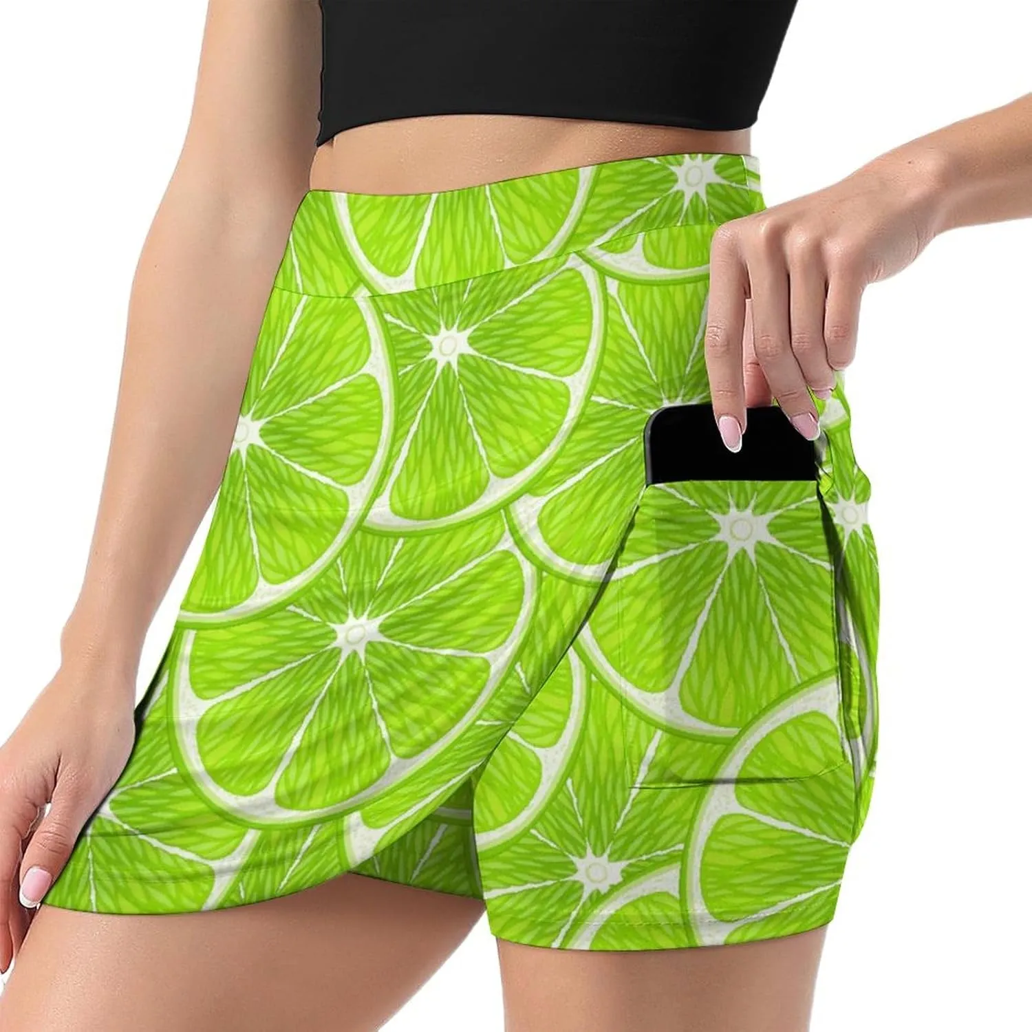Green Lime Slices Women's Mini Tennis Skirt with Shorts Underneath Athletic Workout Cute Skorts