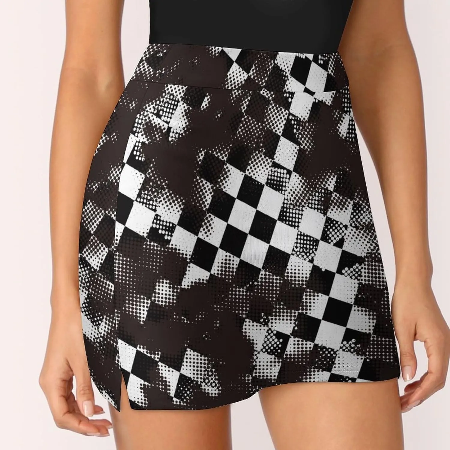 Grungy Style Black Checkered Women's Mini Tennis Skirt with Shorts Underneath Athletic Workout Cute Skorts