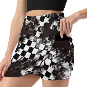 Grungy Style Black Checkered Women's Mini Tennis Skirt with Shorts Underneath Athletic Workout Cute Skorts