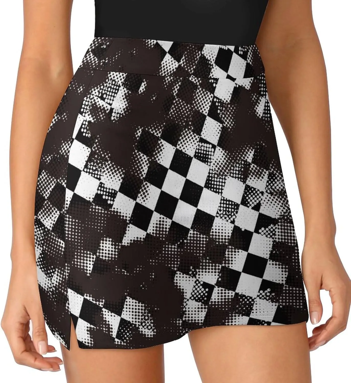 Grungy Style Black Checkered Women's Mini Tennis Skirt with Shorts Underneath Athletic Workout Cute Skorts