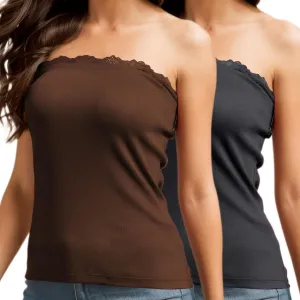 H HIAMIGOS 2 Pack Strapless Tube Tops for Women Lace Bandeau Top Long Ribbed Full Length Top No Bra