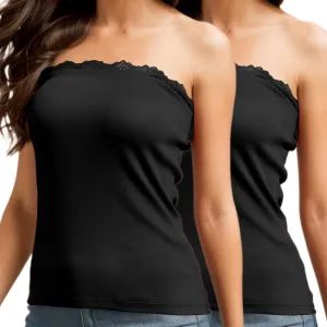 H HIAMIGOS 2 Pack Strapless Tube Tops for Women Lace Bandeau Top Long Ribbed Full Length Top No Bra