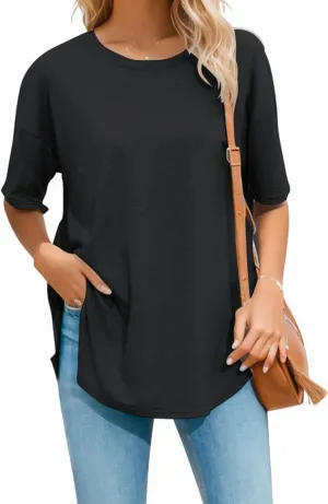 Halife Women's Oversized T Shirts Summer Crew Neck Short Sleeve T-Shirt Split Curved Hem Basic Casual Loose Tunic Tops Tshirt