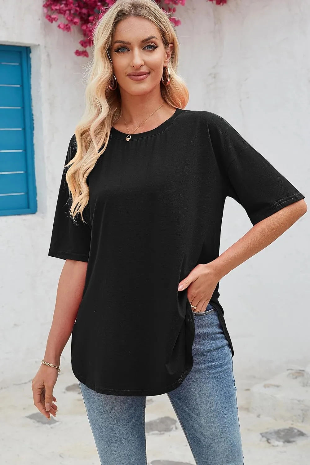 Halife Women's Oversized T Shirts Summer Crew Neck Short Sleeve T-Shirt Split Curved Hem Basic Casual Loose Tunic Tops Tshirt
