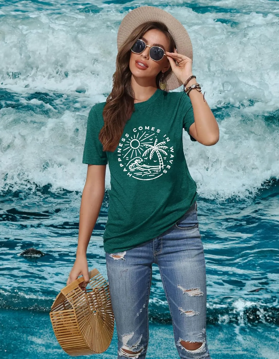 Happiness Comes in Waves Tshirt Summer Casual Short Sleeve Beach Tee Tops