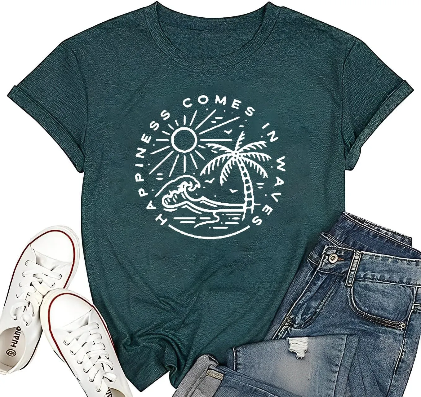 Happiness Comes in Waves Tshirt Summer Casual Short Sleeve Beach Tee Tops