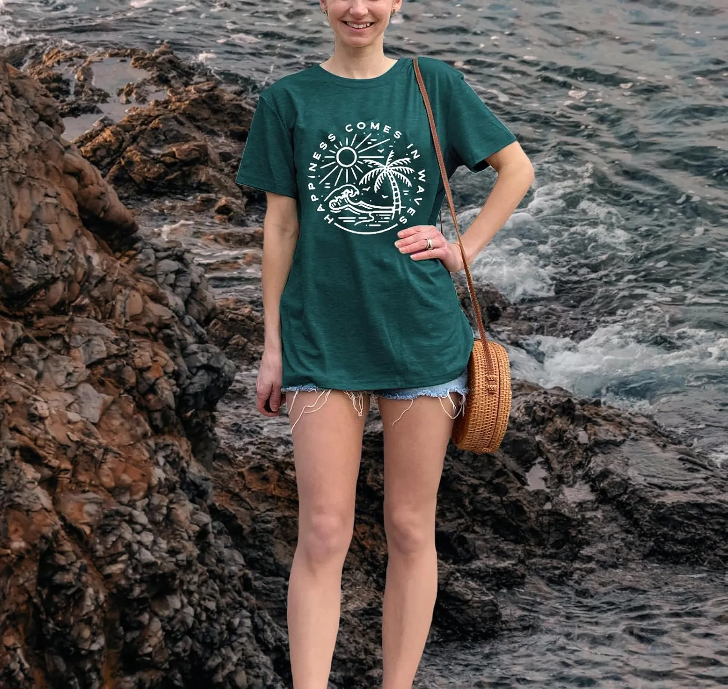 Happiness Comes in Waves Tshirt Summer Casual Short Sleeve Beach Tee Tops